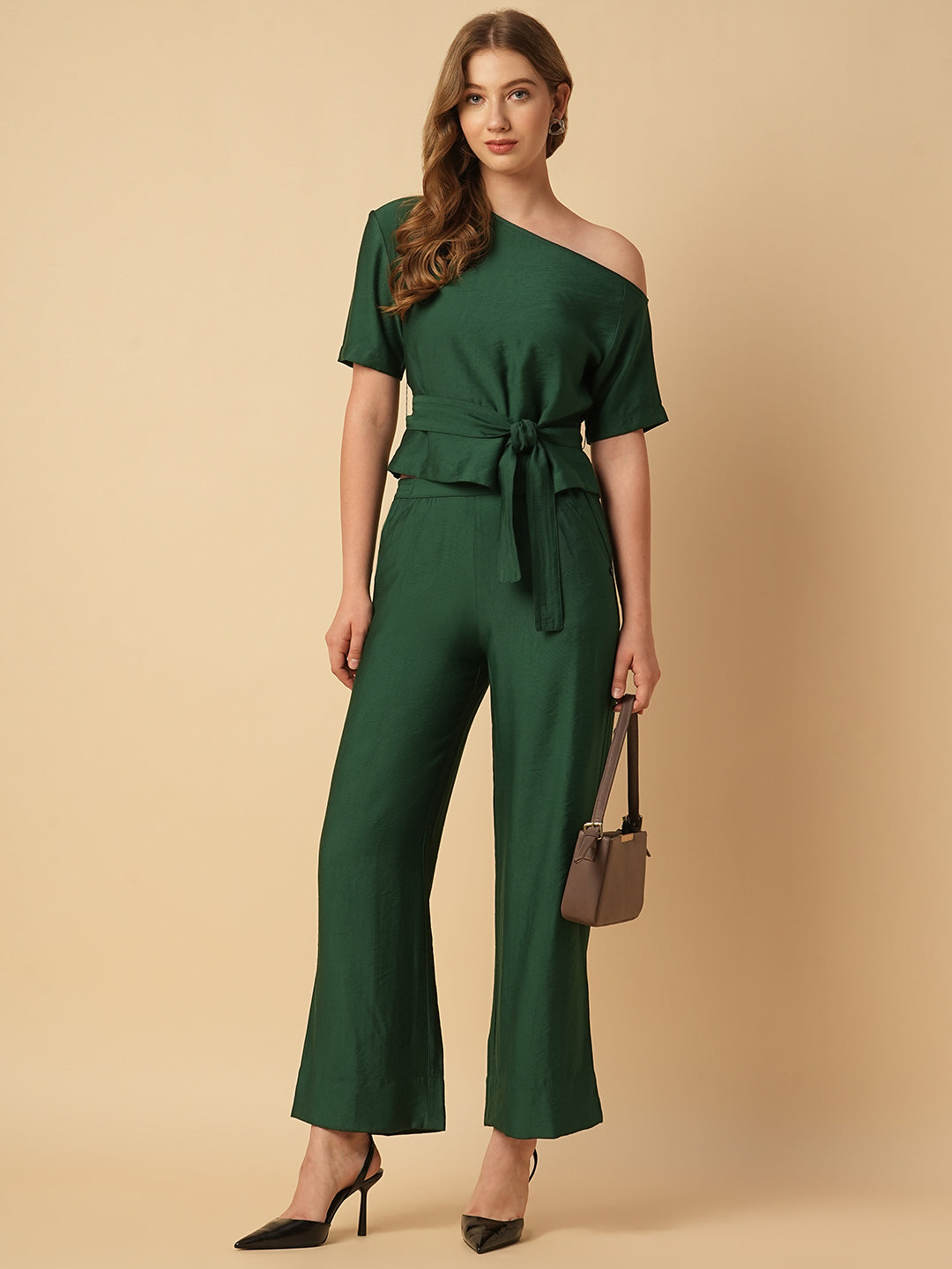 VISCOSE TWILL ONE SHOULDER BELTED TOP & PULL ON TROUSER CO-ORD SET