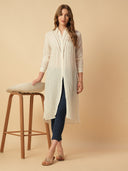 TEXTURED VISCOSE LACE INSERT LONGLINE SHIRT & INDIGO WASHED JEGGINGS