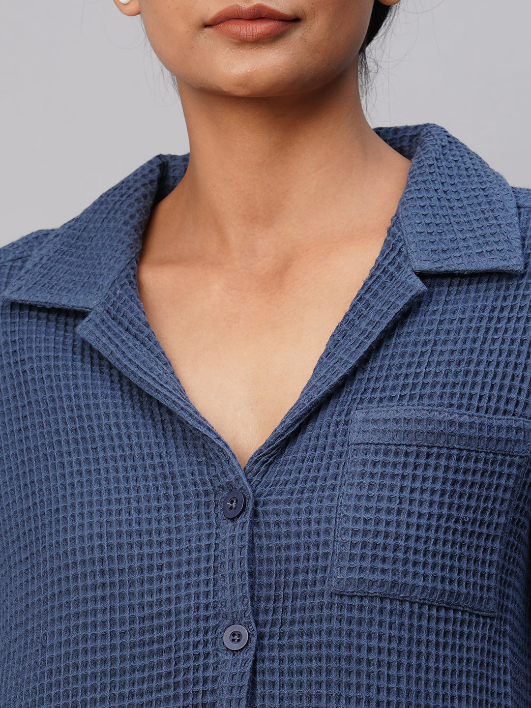 Waffle Knit Notched Collar Shirt & Shorts Set