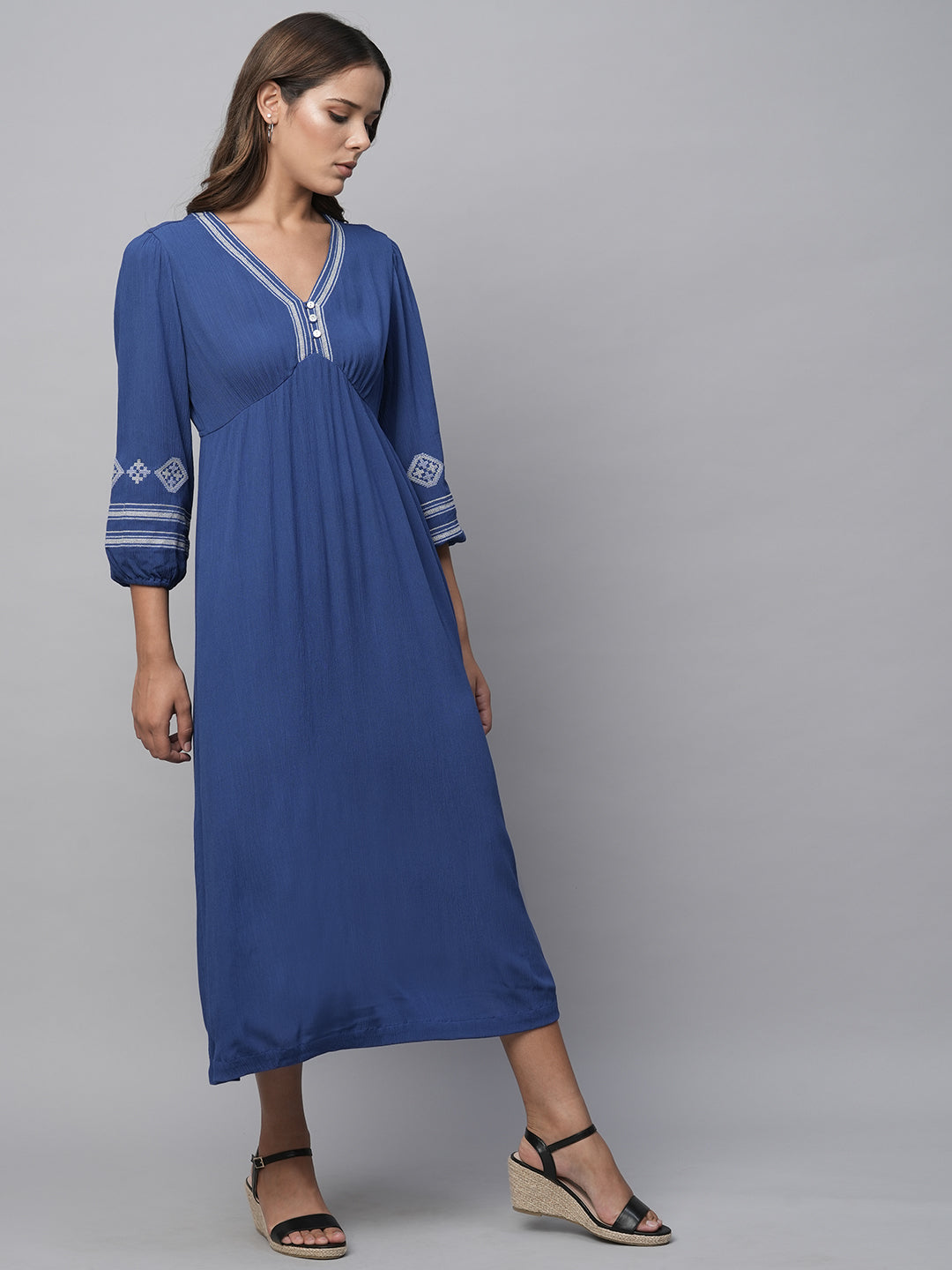 Crinkle Rayon Embroidered Synched Basque Dress