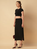 SATIN TWILL PULL ON SKIRT W/ SIDE SLIT
