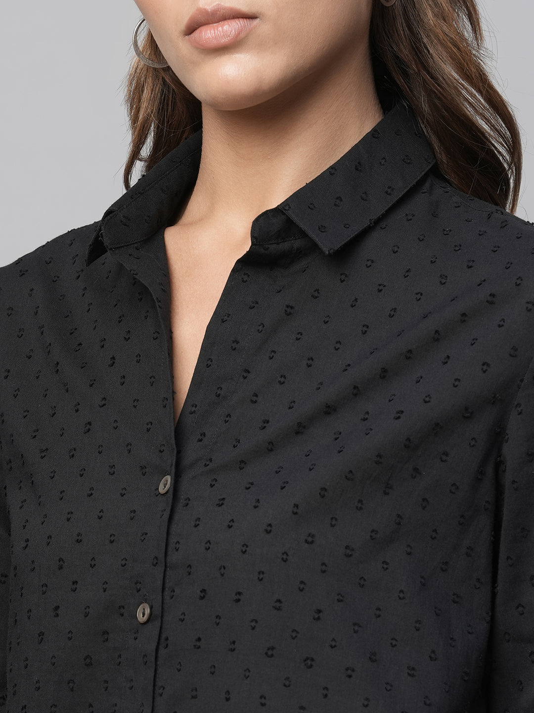 Cotton Swiss Dot Dobby Essential Black Shirt