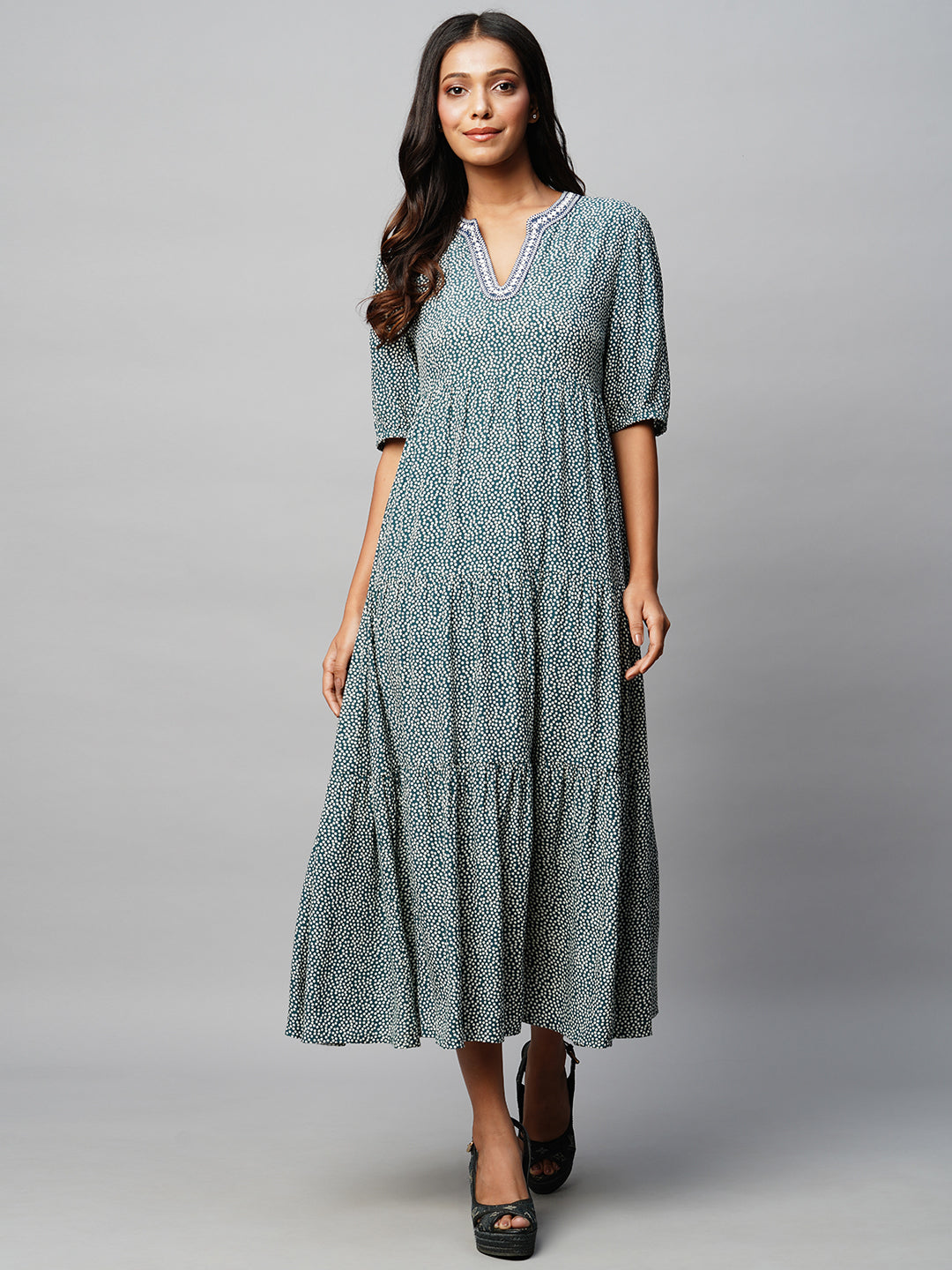 Viscose Crepe Tiered Dress With Denim Embroidered Neckline