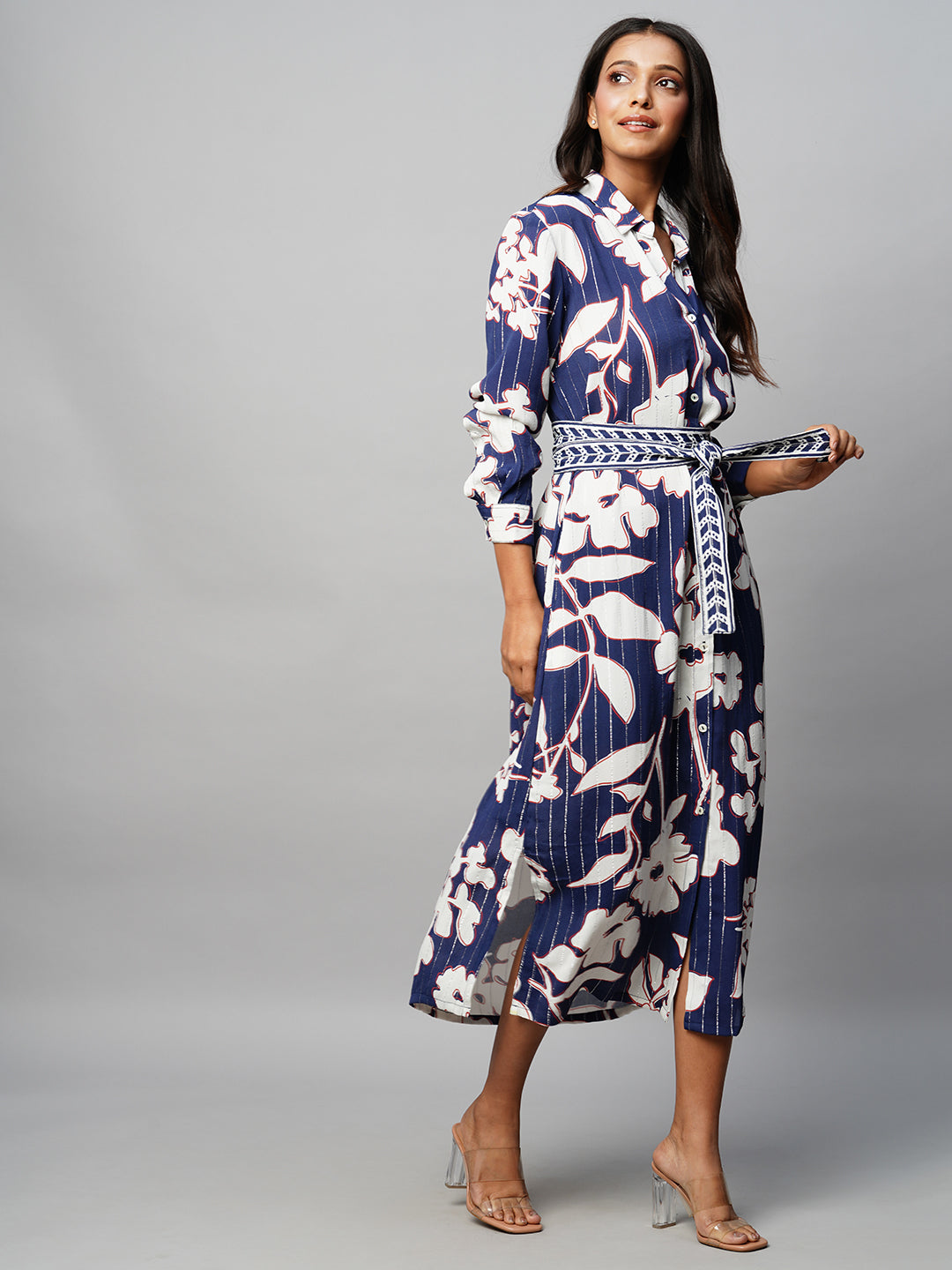 Giant Floral Print On Lurex Viscose Crepe Shirt Dress