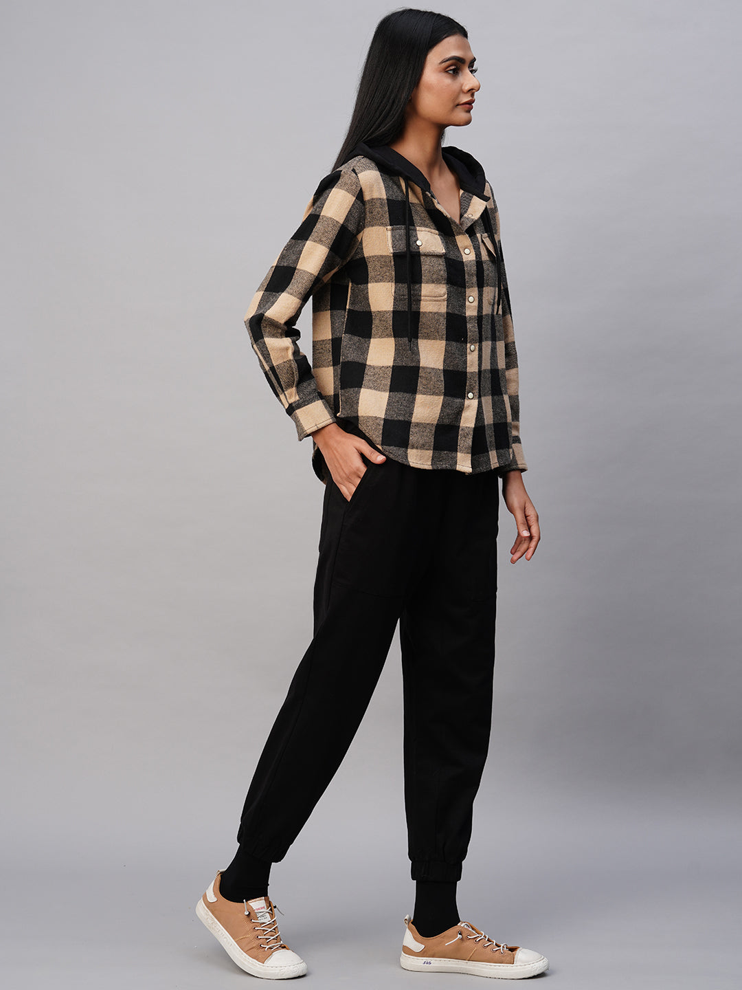 Brushed Plaid Hoodie Shirt W/ Knit French Terry Jogger Set