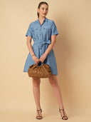CRUSHED VISCOSE BELTED SHIRT DRESS