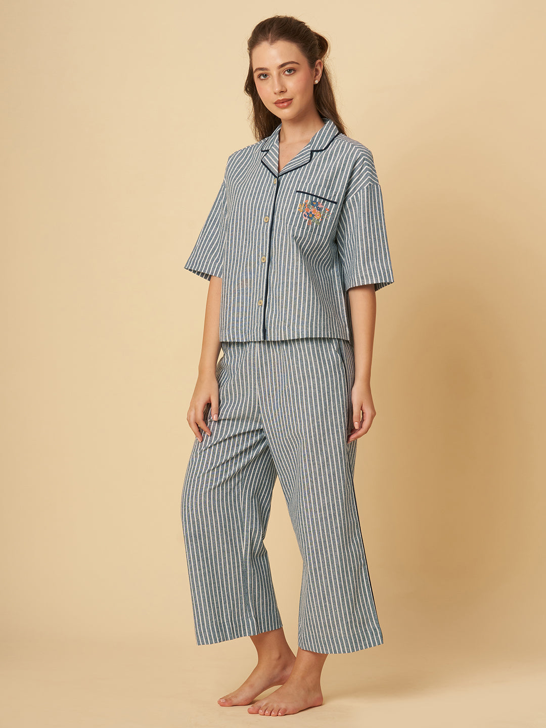 STRIPED NIGHTSUIT W/ EMBROIDERY
