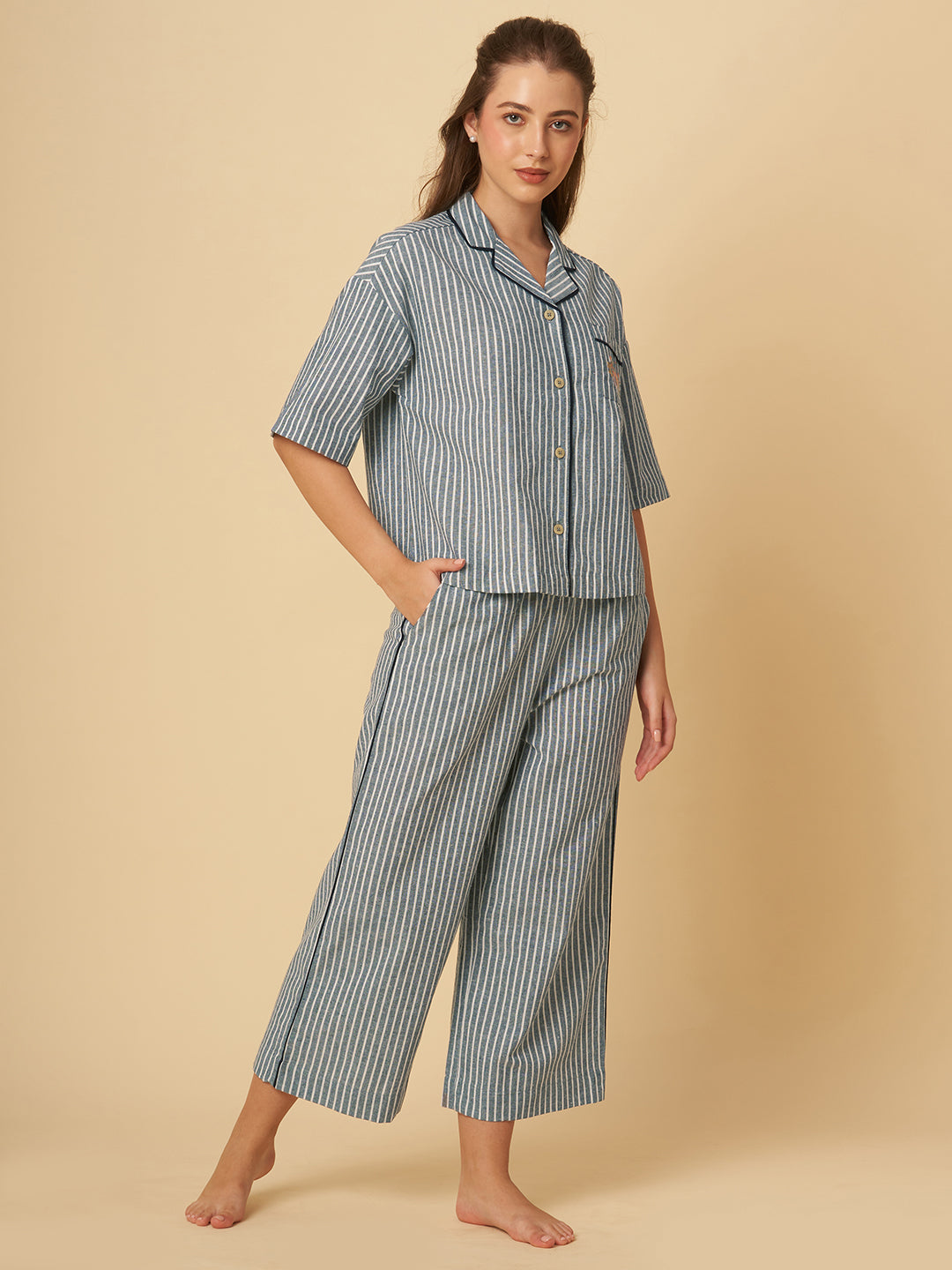 STRIPED NIGHTSUIT W/ EMBROIDERY