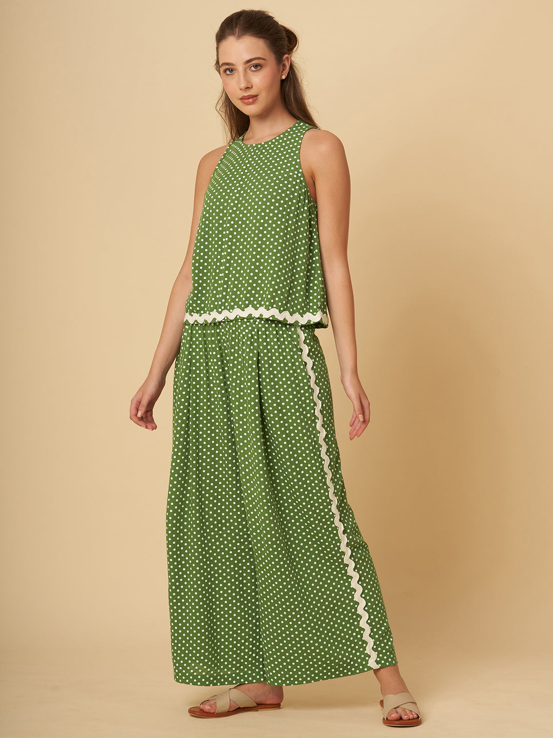 CRINKLE VISCOSE POLKA DOT LOUNGE SET W/ RIC RAC