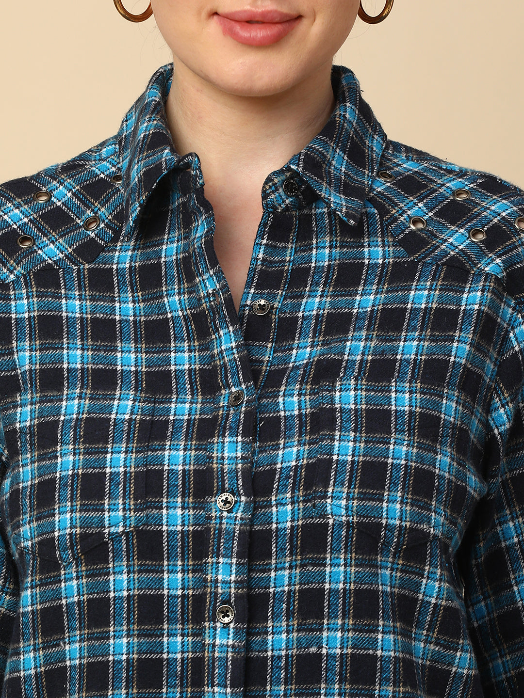 PLAID CROPPED SHIRT W/ EYELETS ON THE YOKE