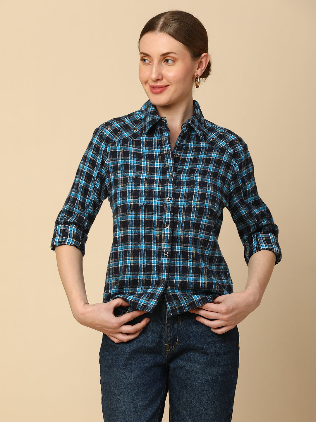 PLAID CROPPED SHIRT W/ EYELETS ON THE YOKE