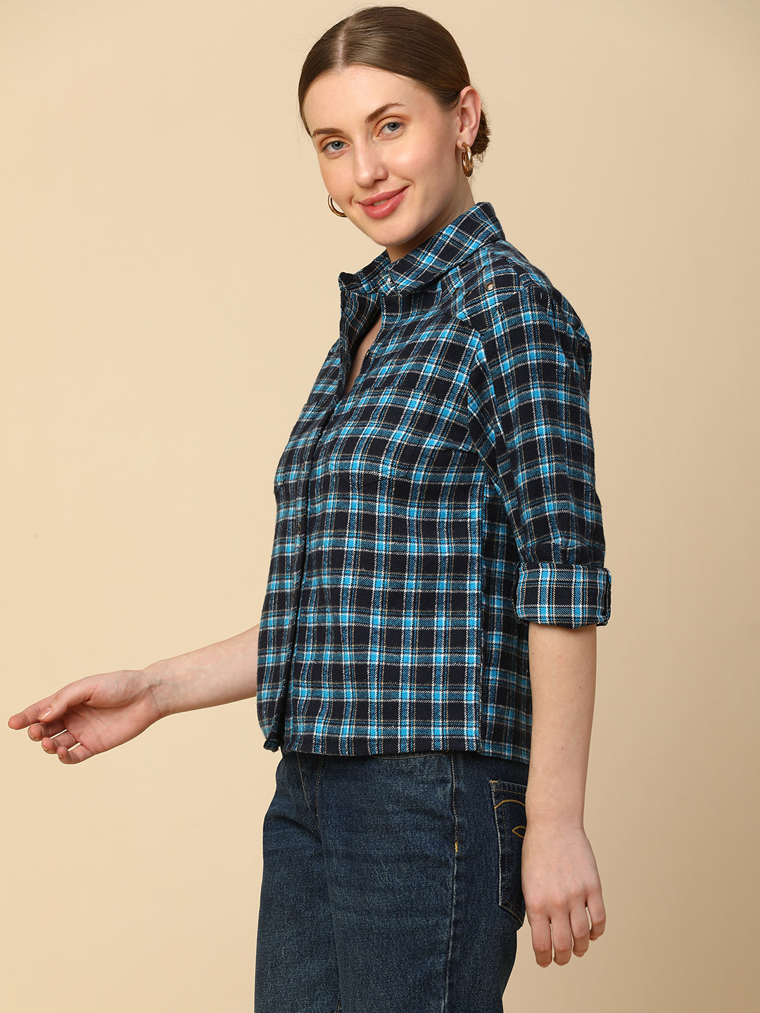 PLAID CROPPED SHIRT W/ EYELETS ON THE YOKE