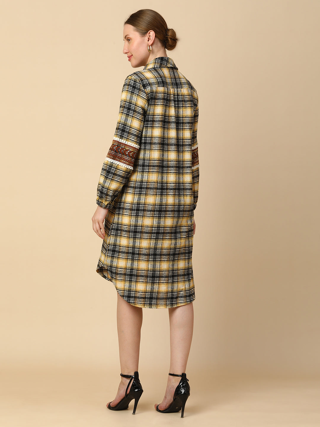 PLAID SHIRT DRESS W/ EMBROIDERED SLEEVES