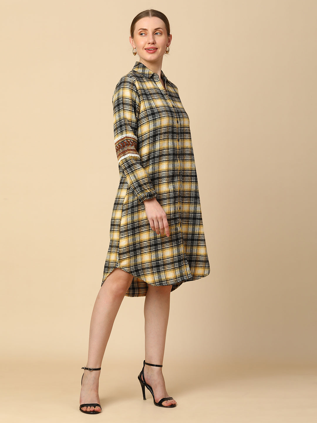 PLAID SHIRT DRESS W/ EMBROIDERED SLEEVES