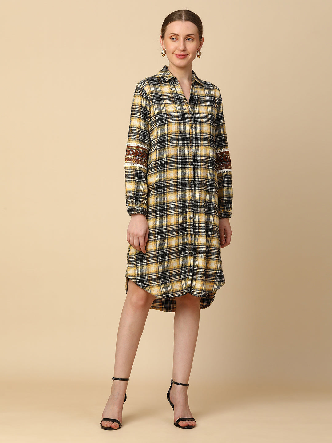 PLAID SHIRT DRESS W/ EMBROIDERED SLEEVES