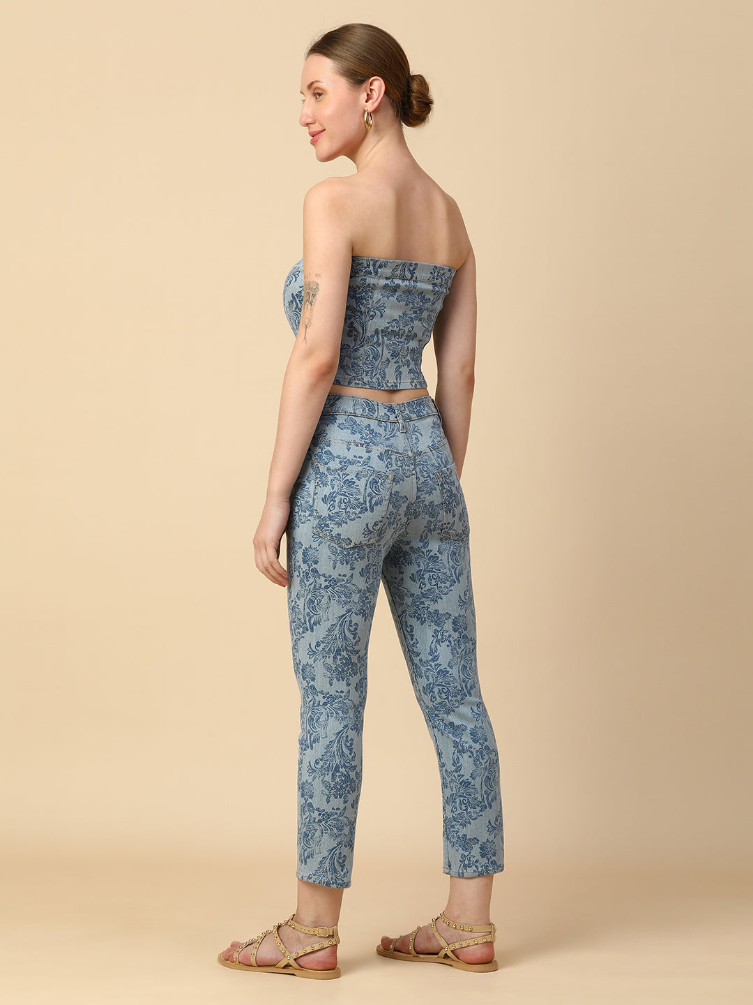 BAROQUE PRINTED DENIM CORSET & CROPPED JEANS CO-ORD SET