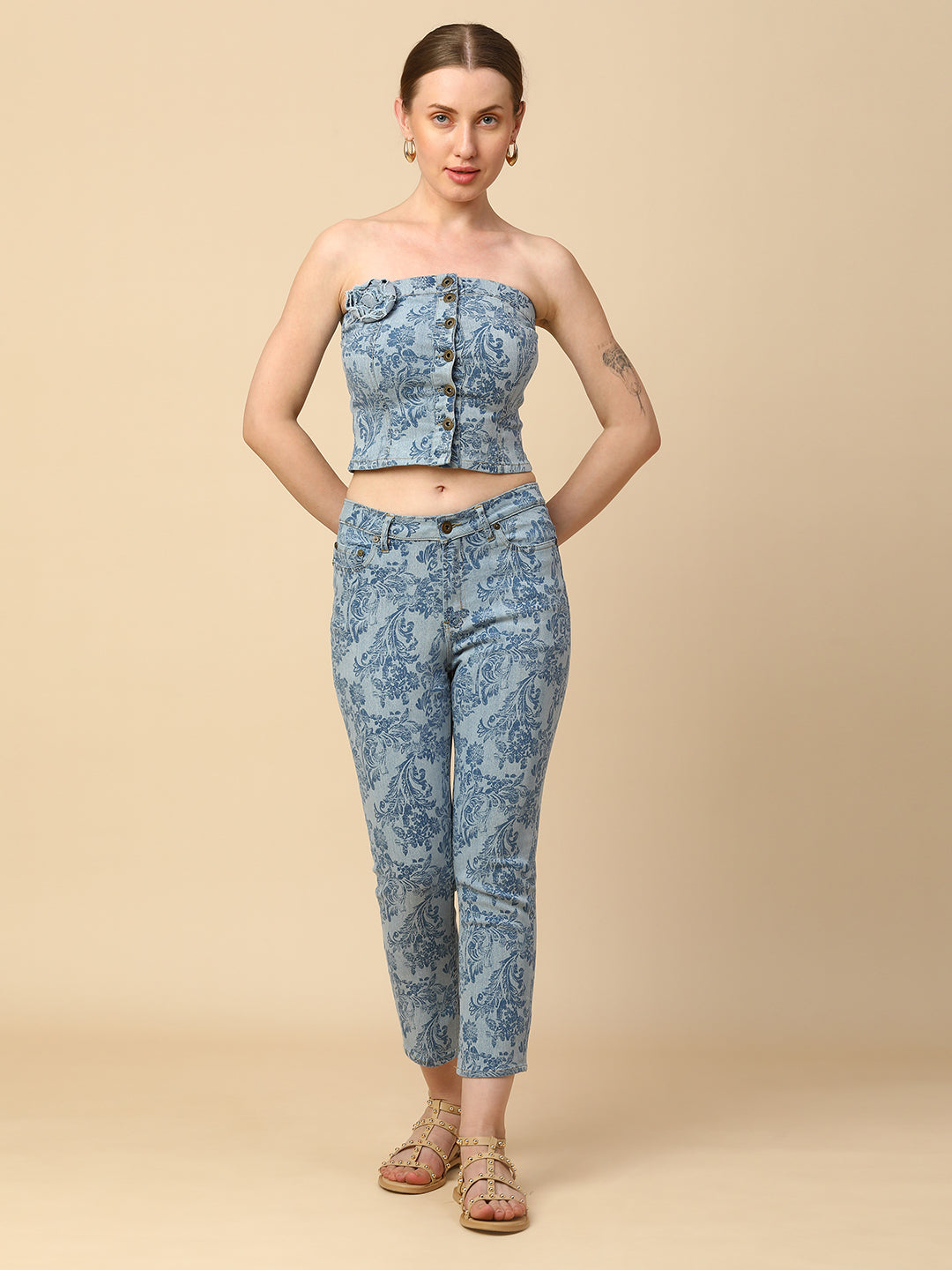 BAROQUE PRINTED DENIM CORSET & CROPPED JEANS CO-ORD SET