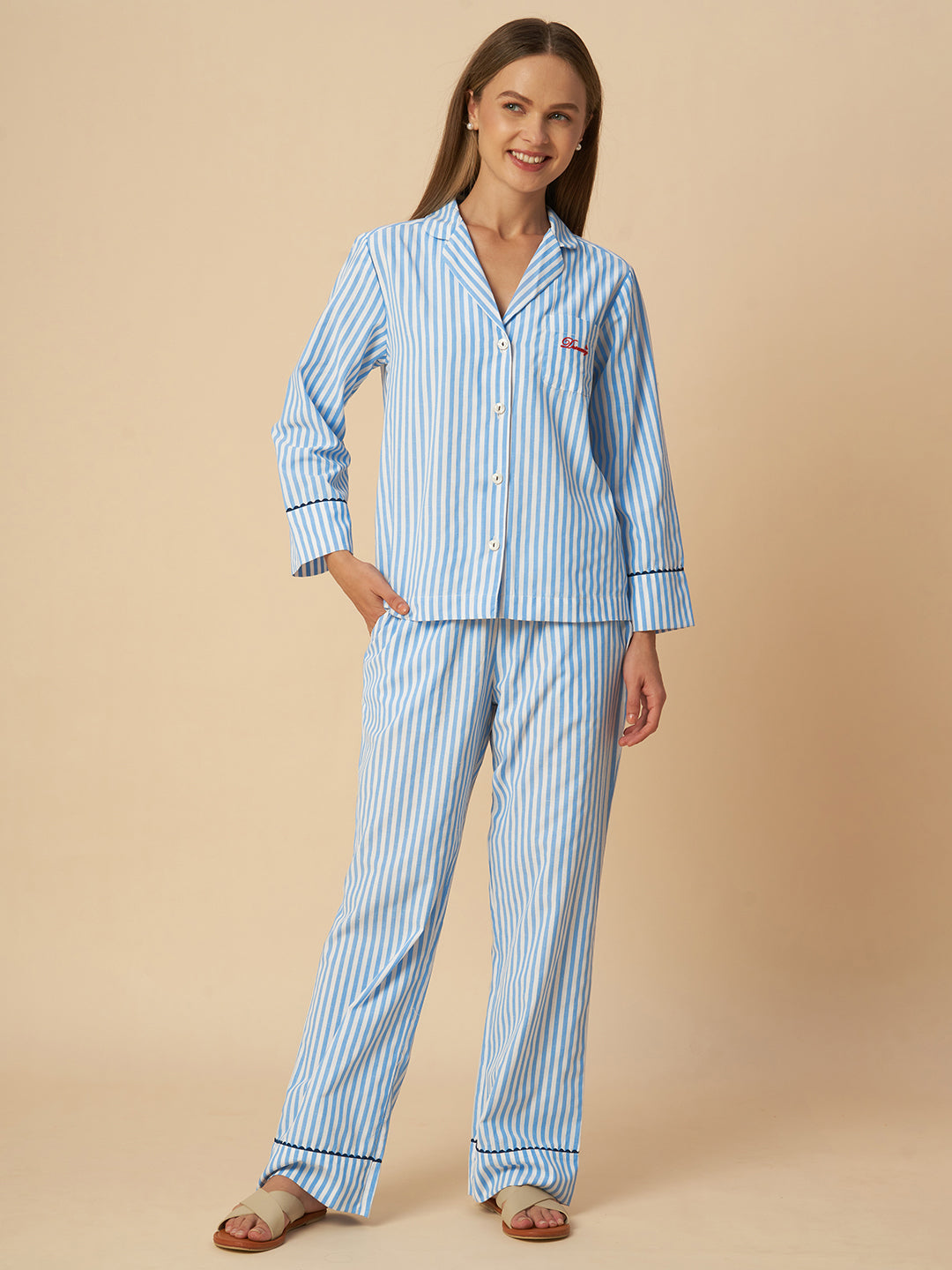 STRIPED NIGHTSUIT W/ RIC RAC DETAILING