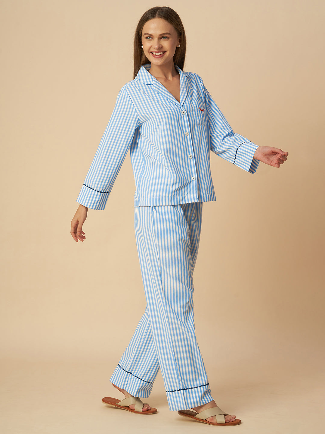 STRIPED NIGHTSUIT W/ RIC RAC DETAILING