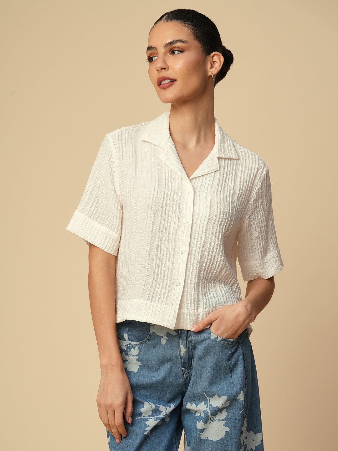 TEXTURED VISCOSE POLYAMIDE  CROPPED SHIRT