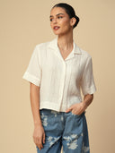 TEXTURED VISCOSE CROPPED SHIRT