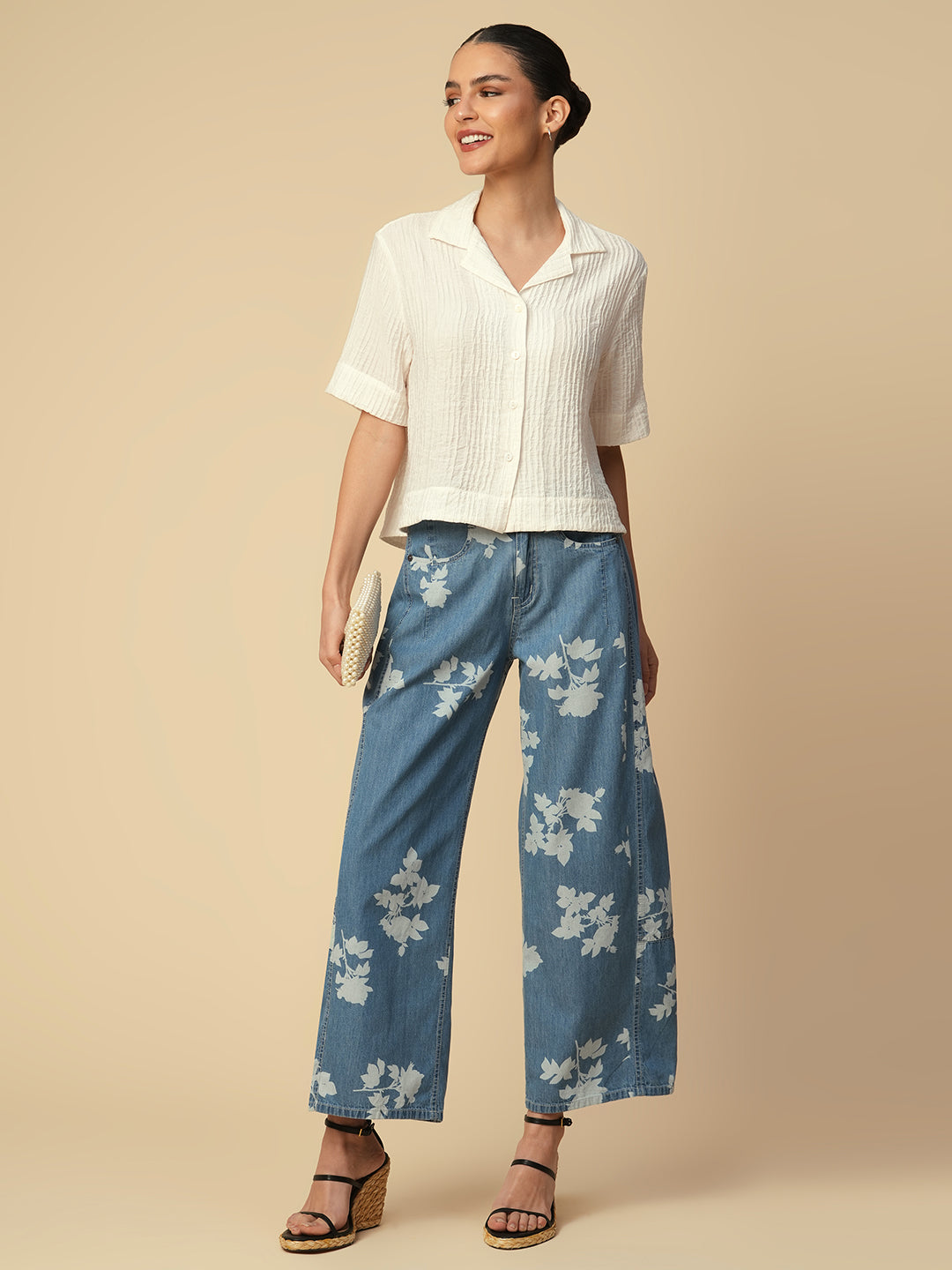 TEXTURED VISCOSE POLYAMIDE  CROPPED SHIRT