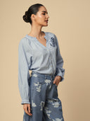 COTTON STRIPED BUTTON DOWN TOP W/ CORSAGE