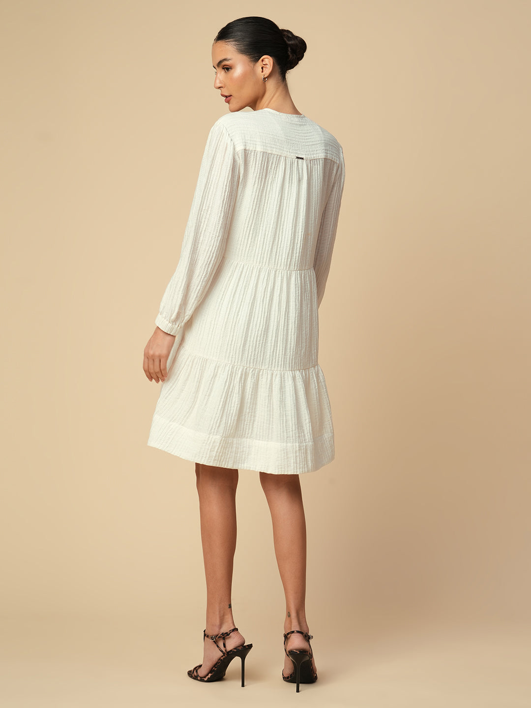 TEXTURED VISCOSE POLYAMIDE PLEATED YOKE TIERED DRESS