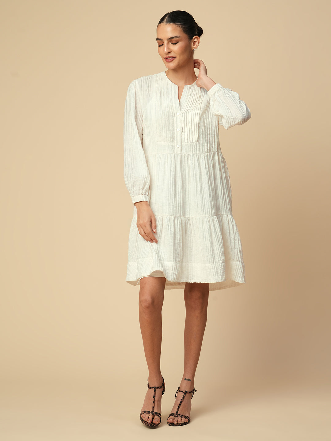 TEXTURED VISCOSE PLEATED YOKE TIERED DRESS