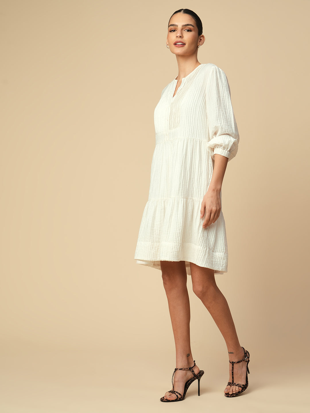 TEXTURED VISCOSE PLEATED YOKE TIERED DRESS