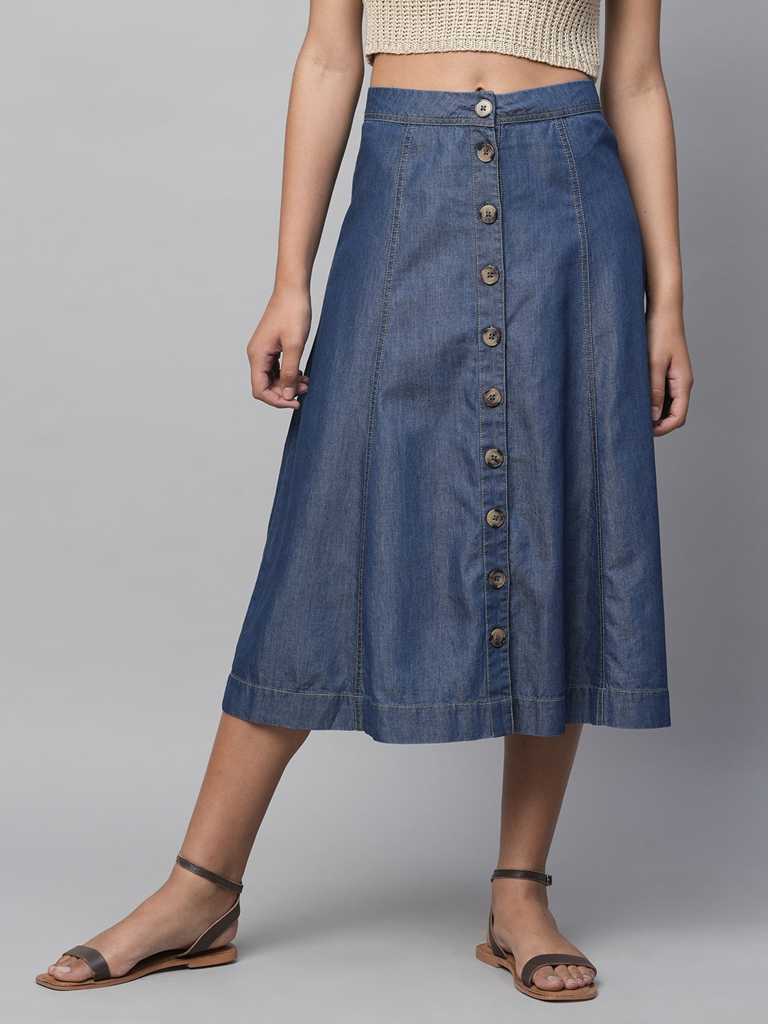High Waisted Cotton Tencel Denim Button Down Panelled Skirt