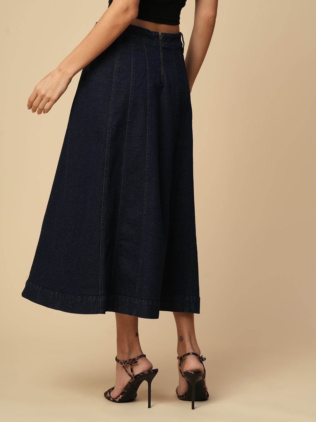 DENIM PANELLED FIT N FLARE SKIRT