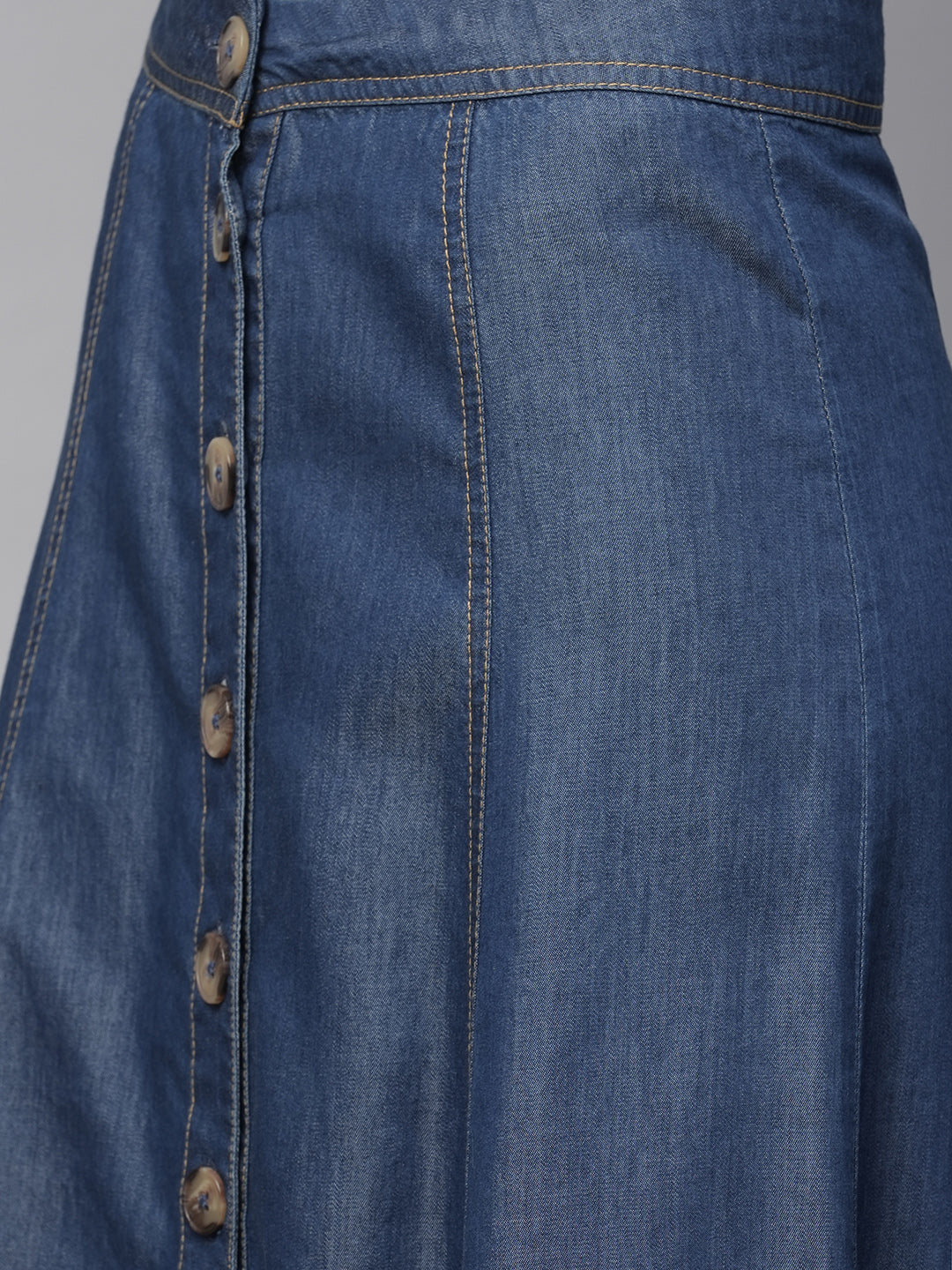 High Waisted Cotton Tencel Denim Button Down Panelled Skirt