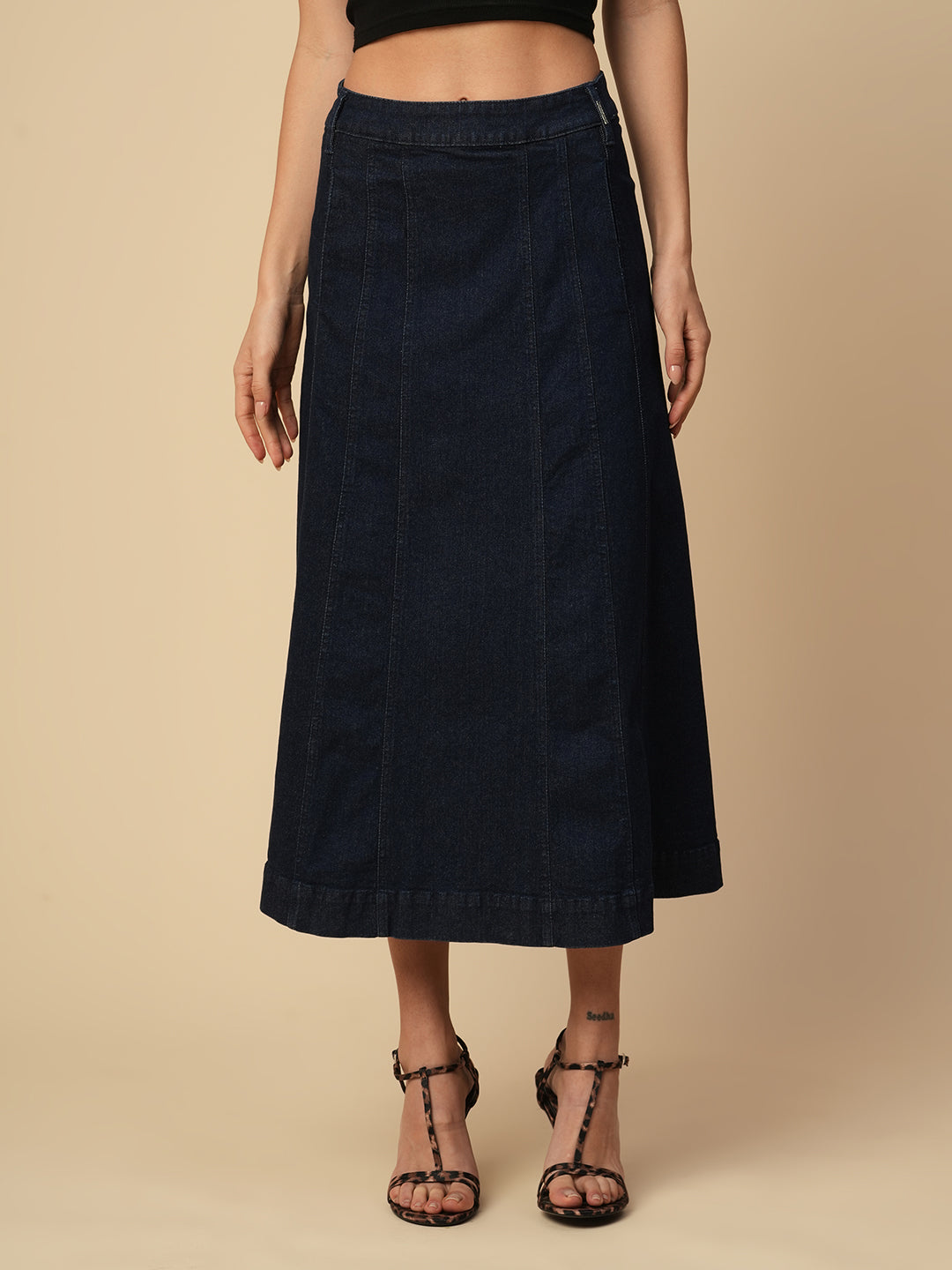 DENIM PANELLED FIT N FLARE SKIRT