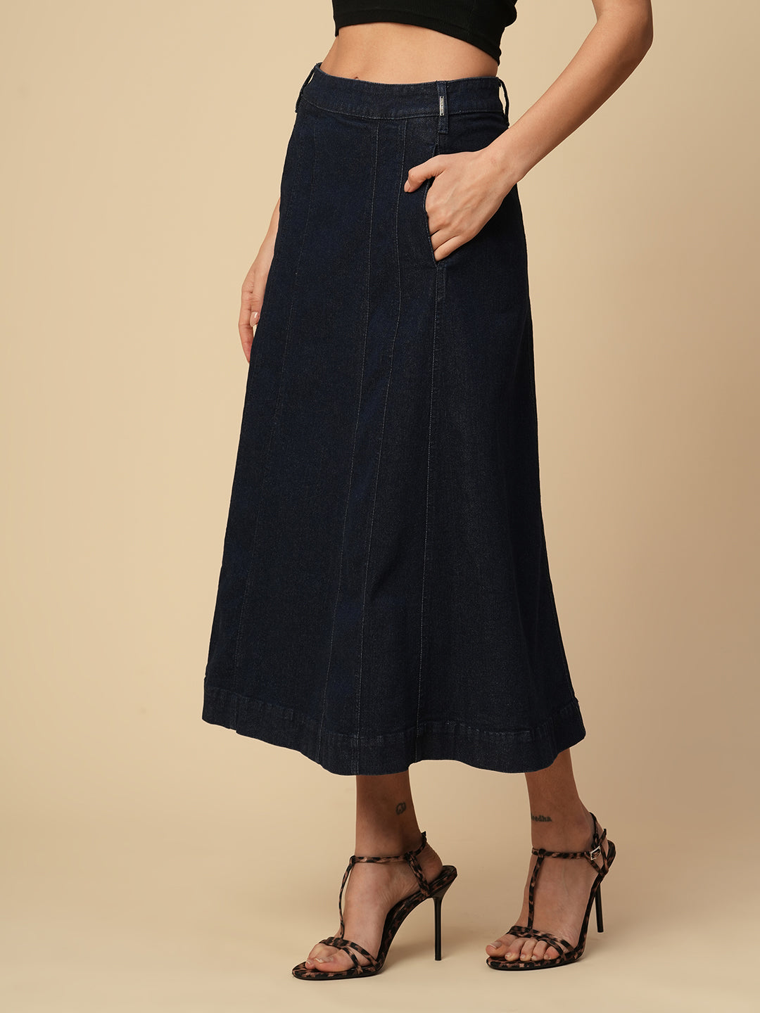 DENIM PANELLED FIT N FLARE SKIRT