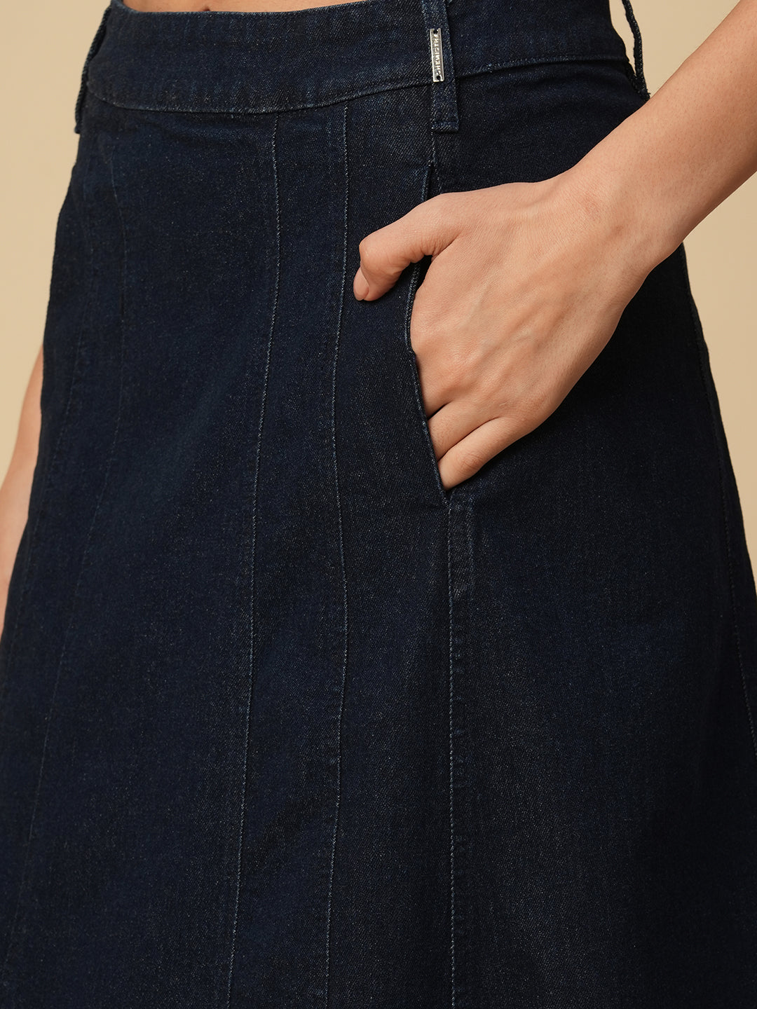 DENIM PANELLED FIT N FLARE SKIRT