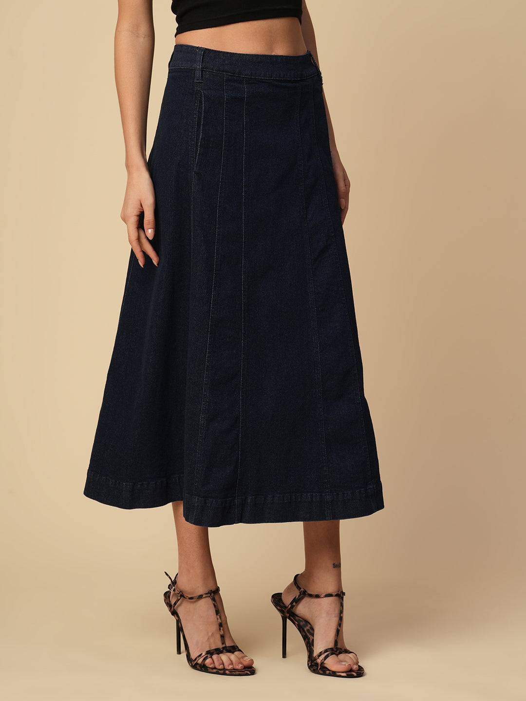 DENIM PANELLED FIT N FLARE SKIRT