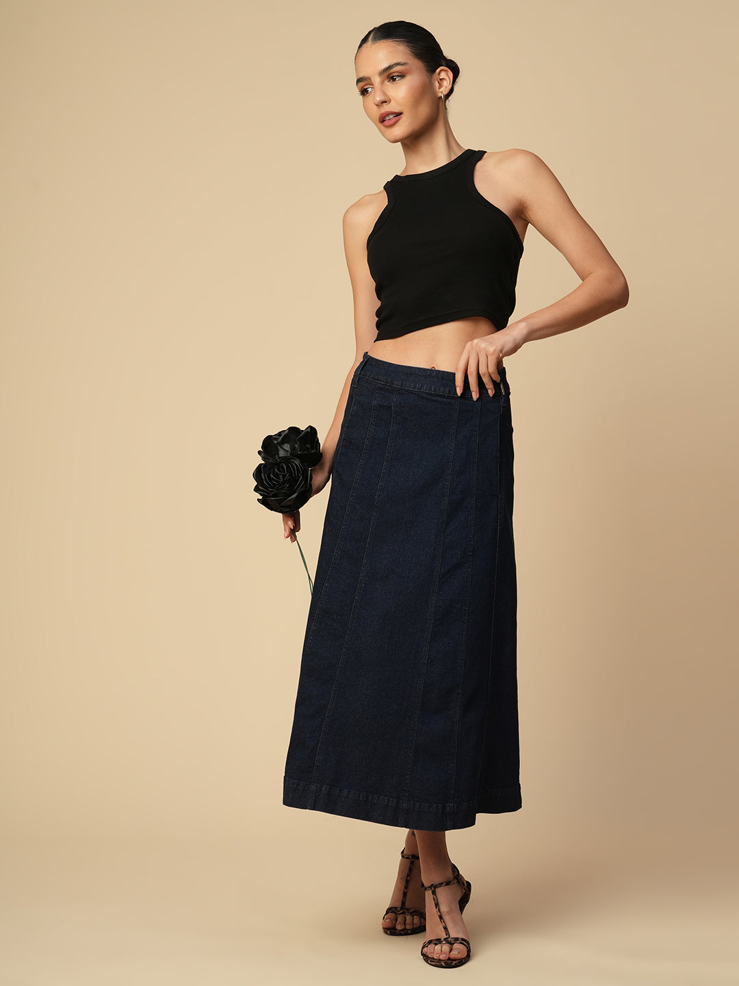 DENIM PANELLED FIT N FLARE SKIRT