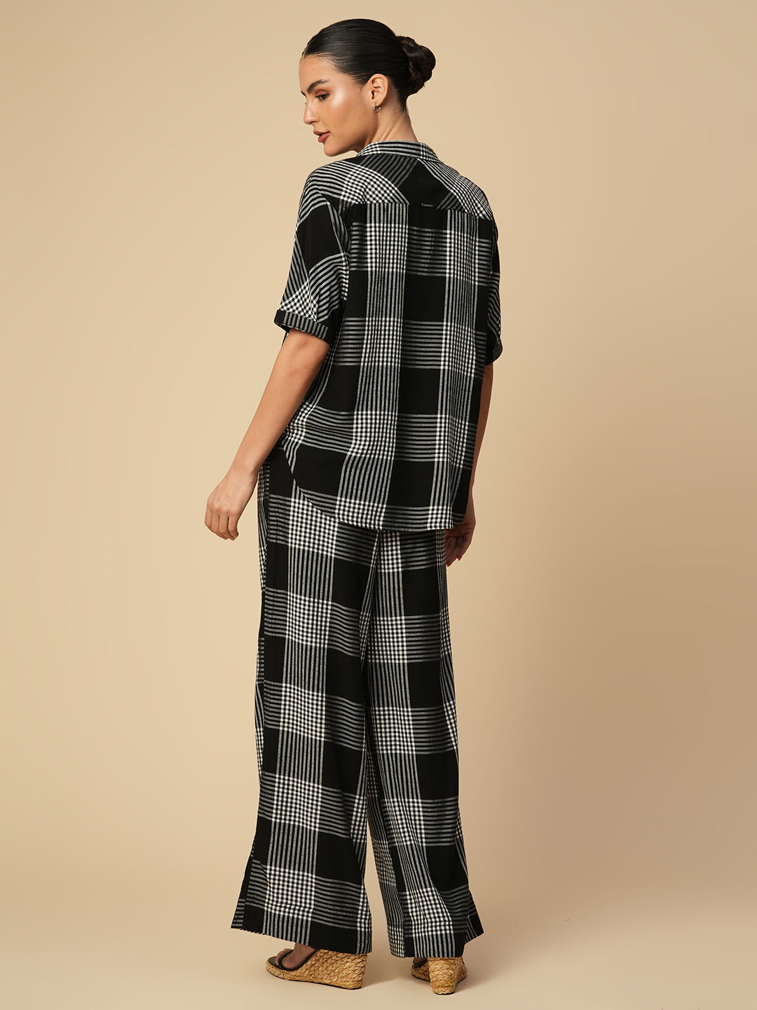 VISCOSE SLUB CHECKERED SHIRT & PULL ON FLUID PANTS  CO-ORD SET