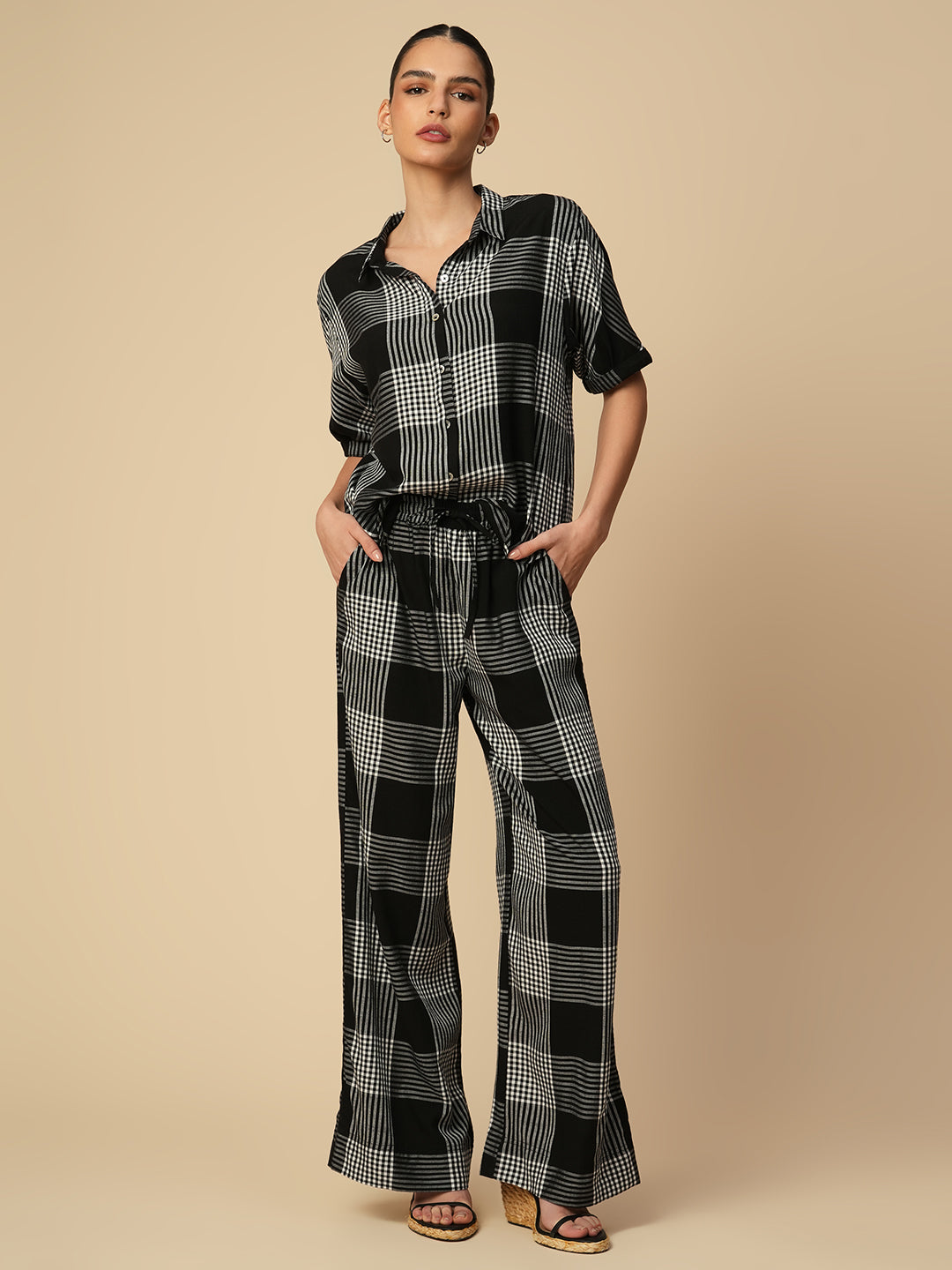 VISCOSE SLUB CHECKERED SHIRT & PULL ON FLUID PANTS  CO-ORD SET