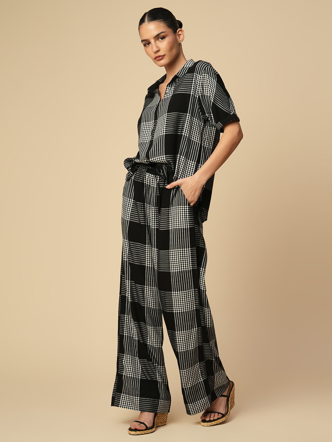 VISCOSE SLUB CHECKERED SHIRT & PULL ON FLUID PANTS  CO-ORD SET