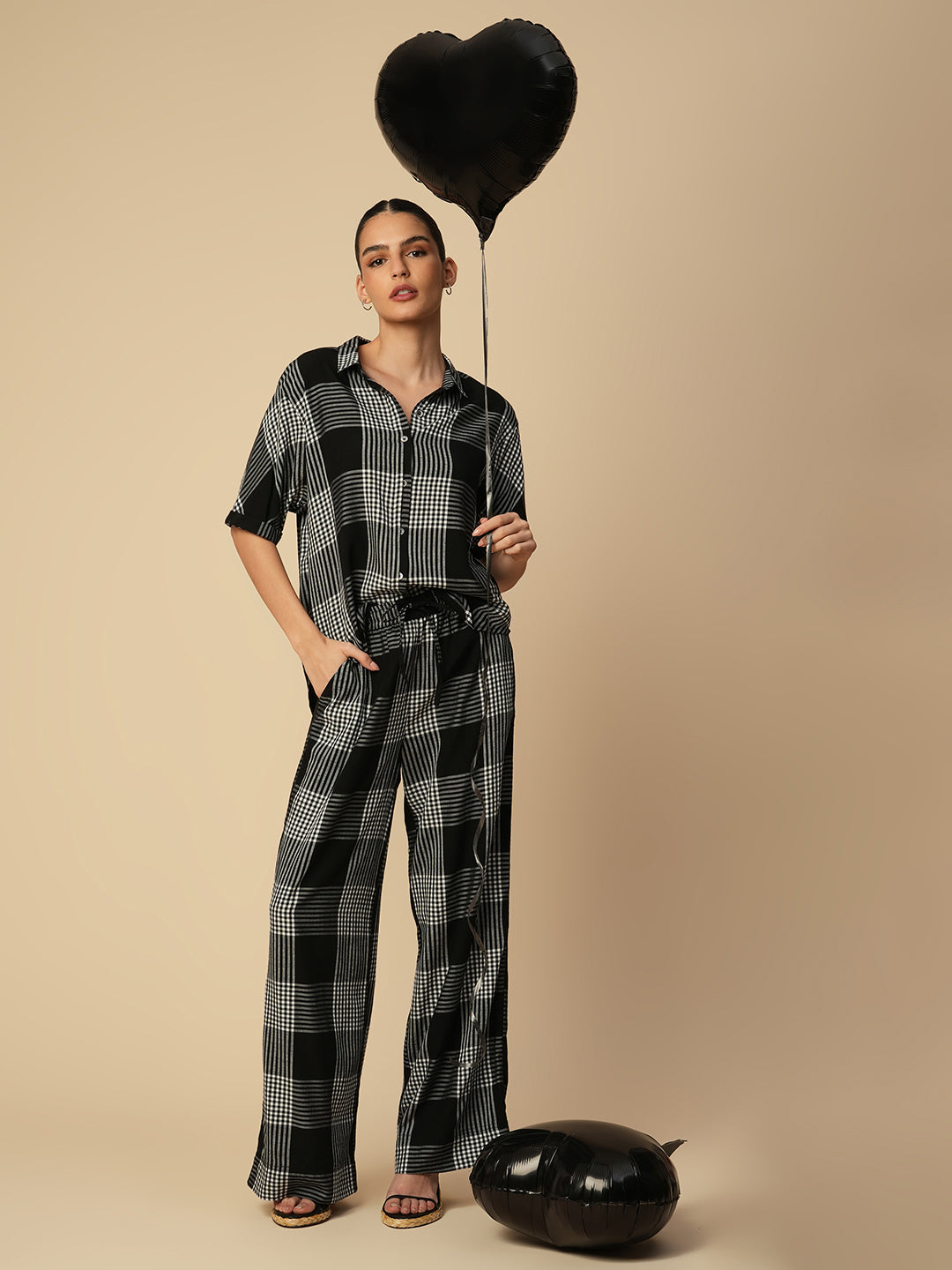 VISCOSE SLUB CHECKERED SHIRT & PULL ON FLUID PANTS  CO-ORD SET