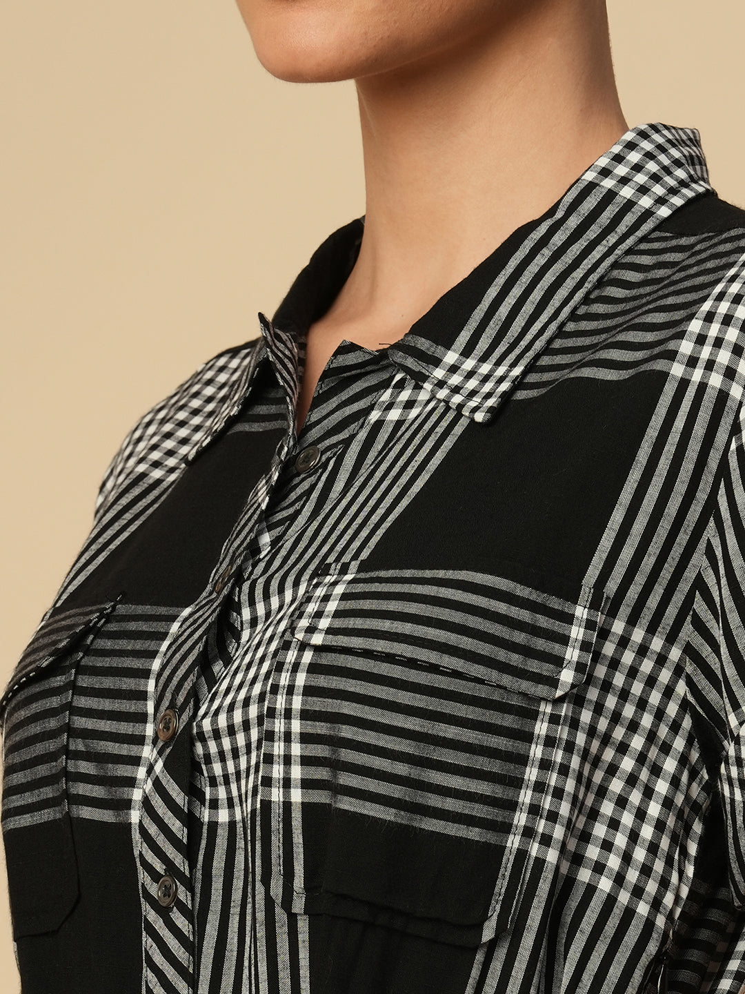 VISCOSE SLUB CHECKERED TIERED SHIRT DRESS