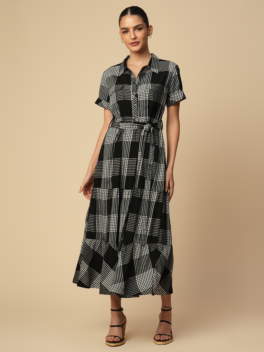 VISCOSE SLUB CHECKERED TIERED SHIRT DRESS