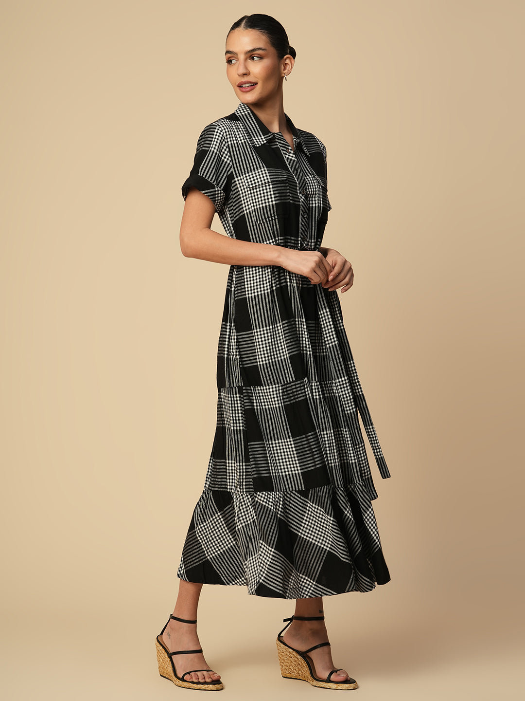 VISCOSE SLUB CHECKERED TIERED SHIRT DRESS