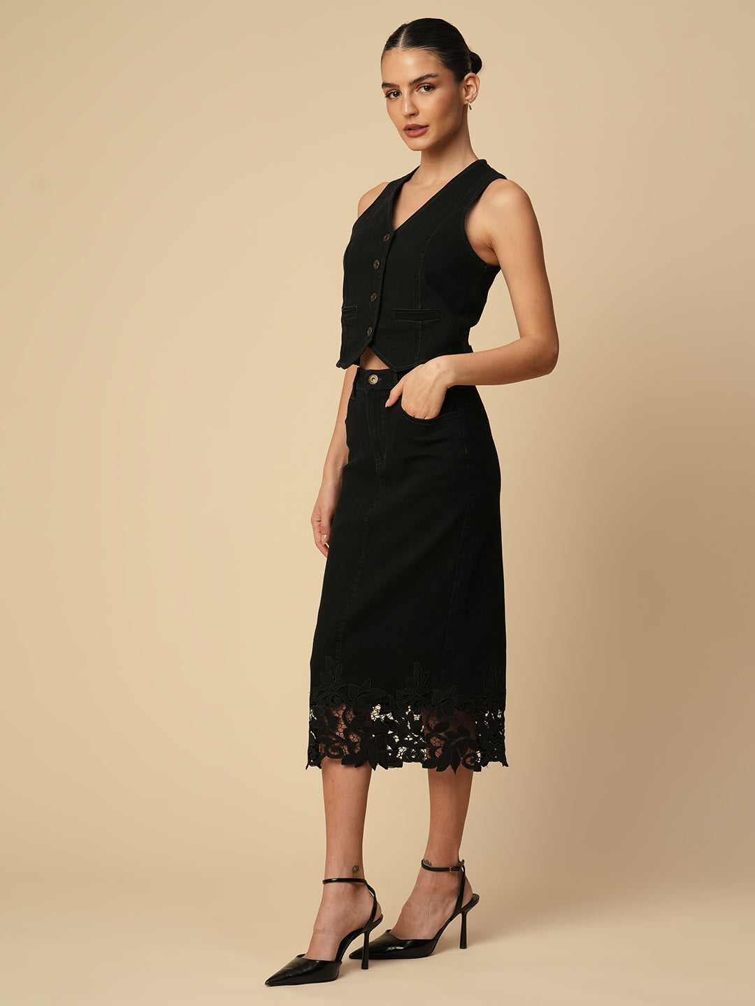 DENIM WAIST COAT & LACE TRIMMED PENCIL SKIRT CO-ORD SET