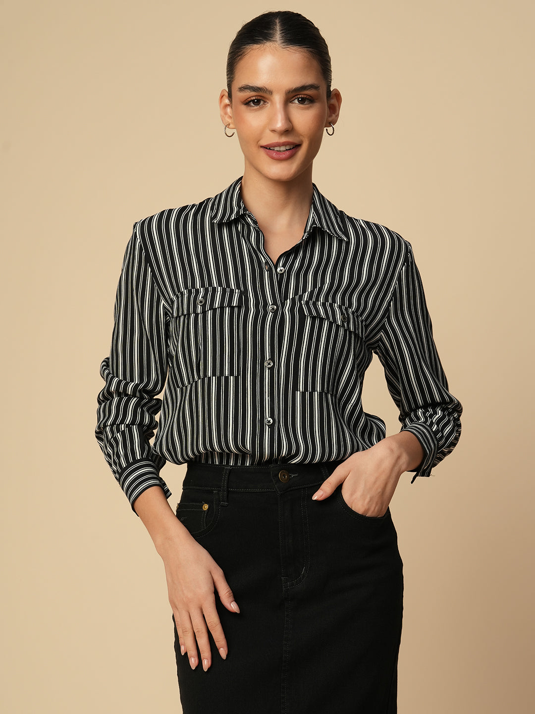 B'N'W PRINTED STRIPES VISCOSE CREPE ESSENTIAL SHIRT