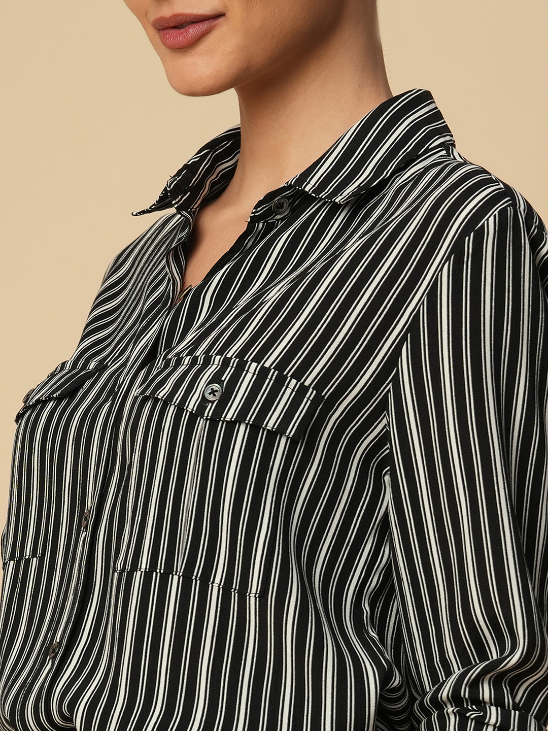 B'N'W PRINTED STRIPES VISCOSE CREPE ESSENTIAL SHIRT