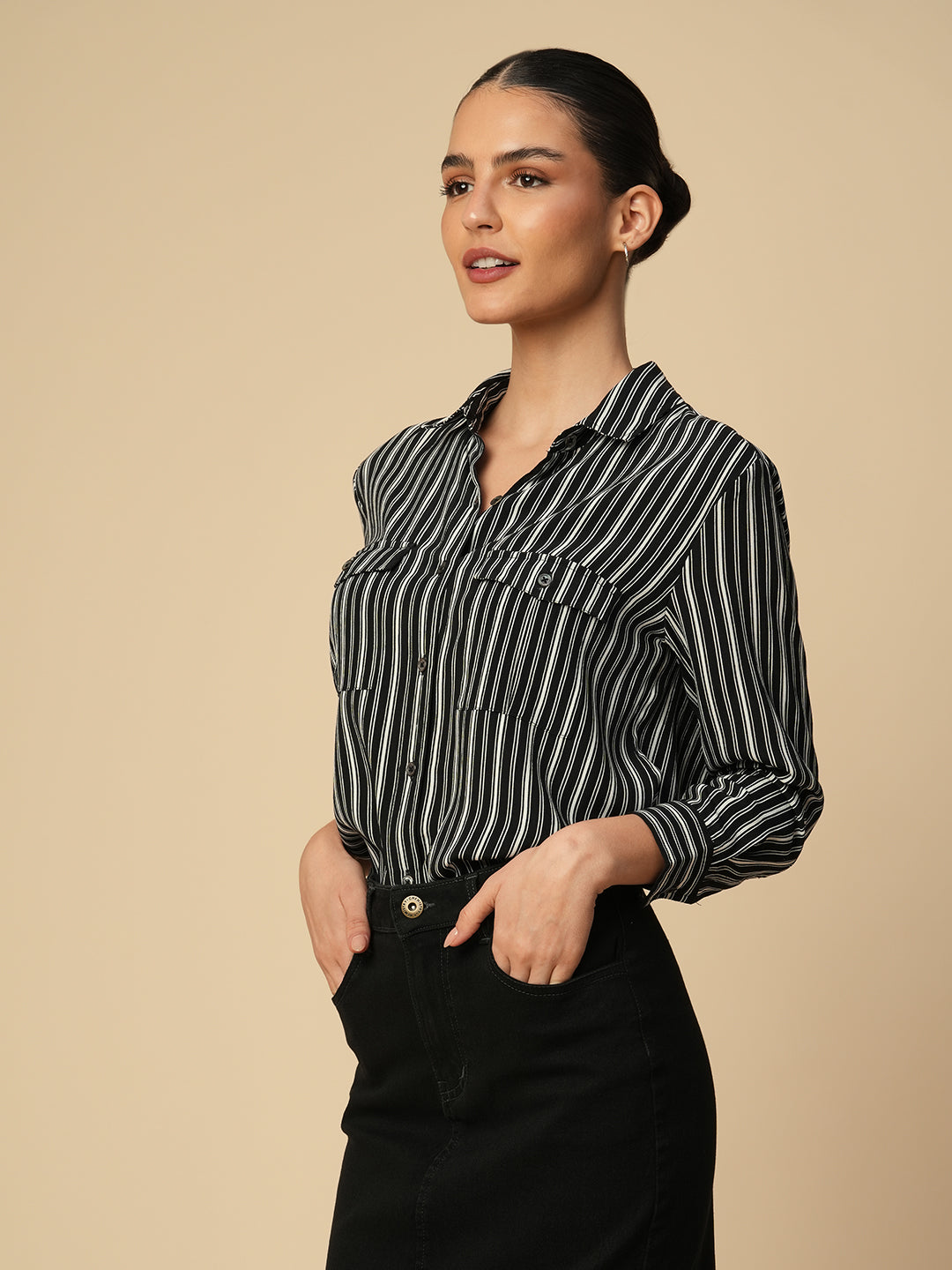 B'N'W PRINTED STRIPES VISCOSE CREPE ESSENTIAL SHIRT