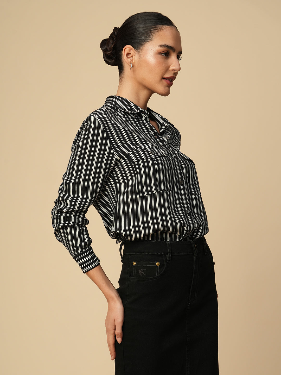 B'N'W PRINTED STRIPES VISCOSE CREPE ESSENTIAL SHIRT